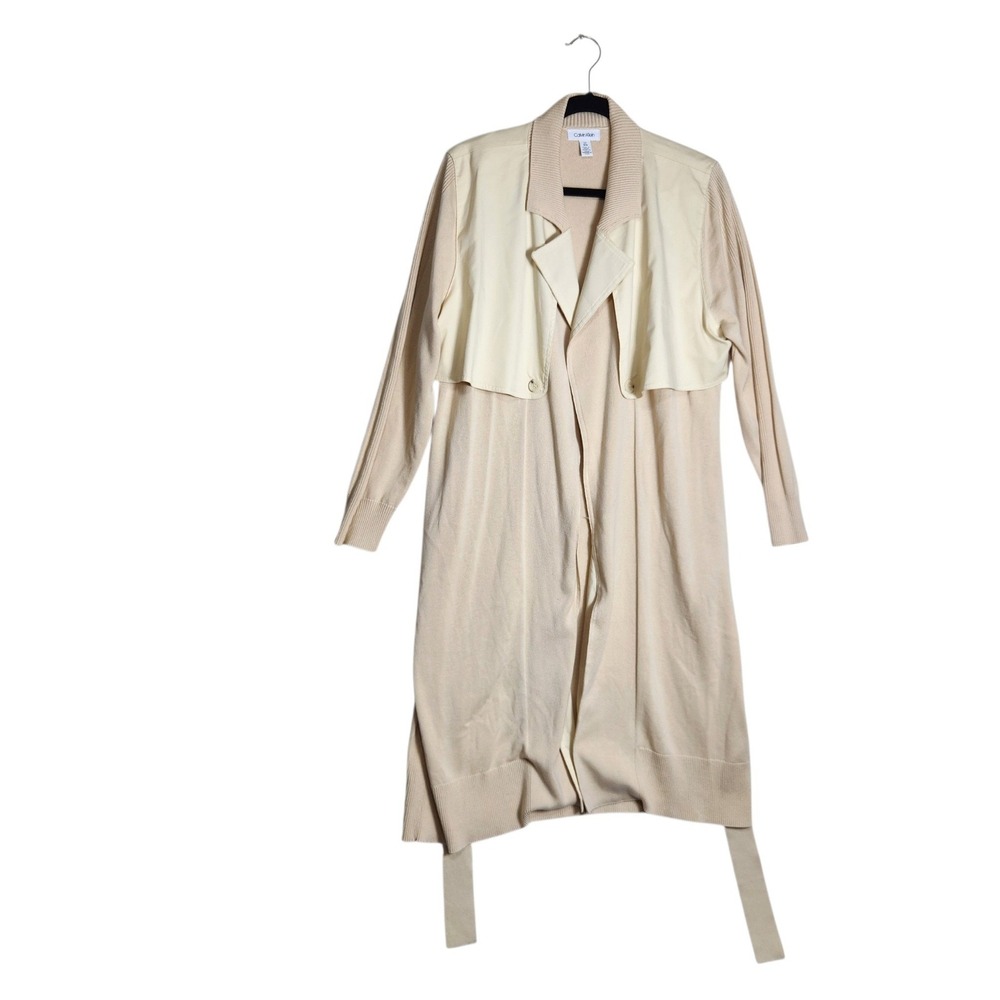 Calvin Klein Womens Beige Mixed Media Trench Cardigan Sweater Belted Large